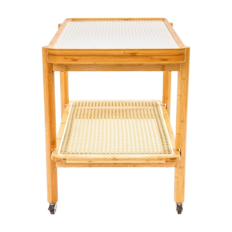 Log Color 2-Tier Rectangular Coffee Table Tempered Glass Bamboo Rattan Wheels gallery