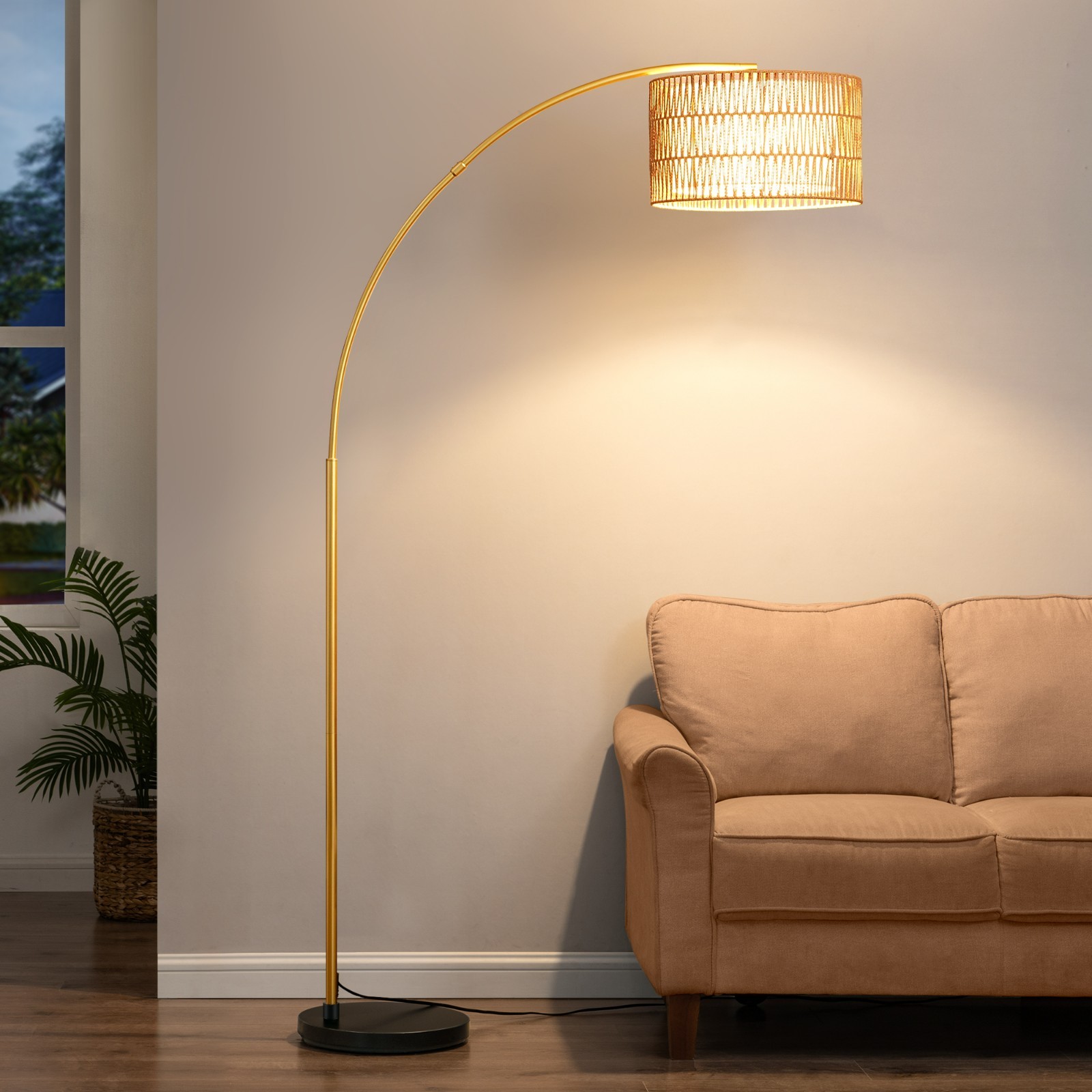 EDISHINE 76" Arched Floor Lamp w/ Remote,Rattan Shade,Dimmable LED,Adjustable gallery