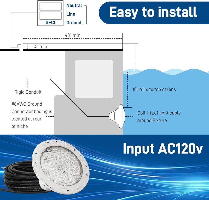 10 Inch Pool Light for Inground Pool (White), AC120V, 35W, 50 Foot Cord gallery
