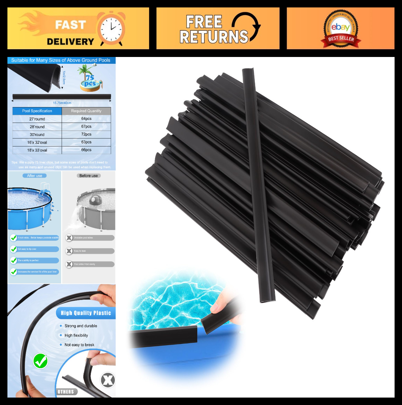 75pcs Pool Liner Clips Set, Coping Strips for Overlap Liners, Fits 27ft-30ft Rou gallery