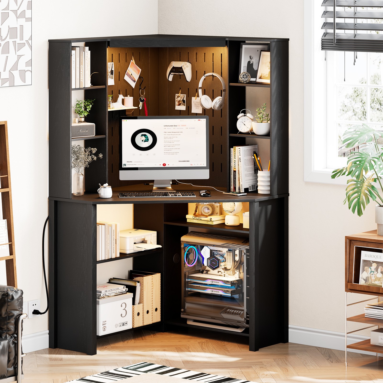 Home Office Desk with Pull-Out LED, Corner Desk with Power Outlet and 10 Shelves gallery