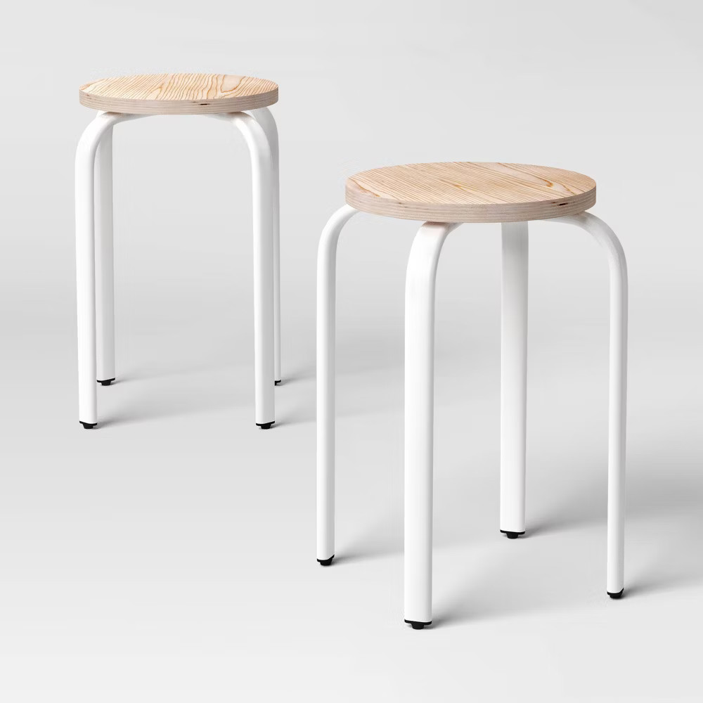 2pk Plywood with Metal Base Stacking Stool White - Room Essentials gallery