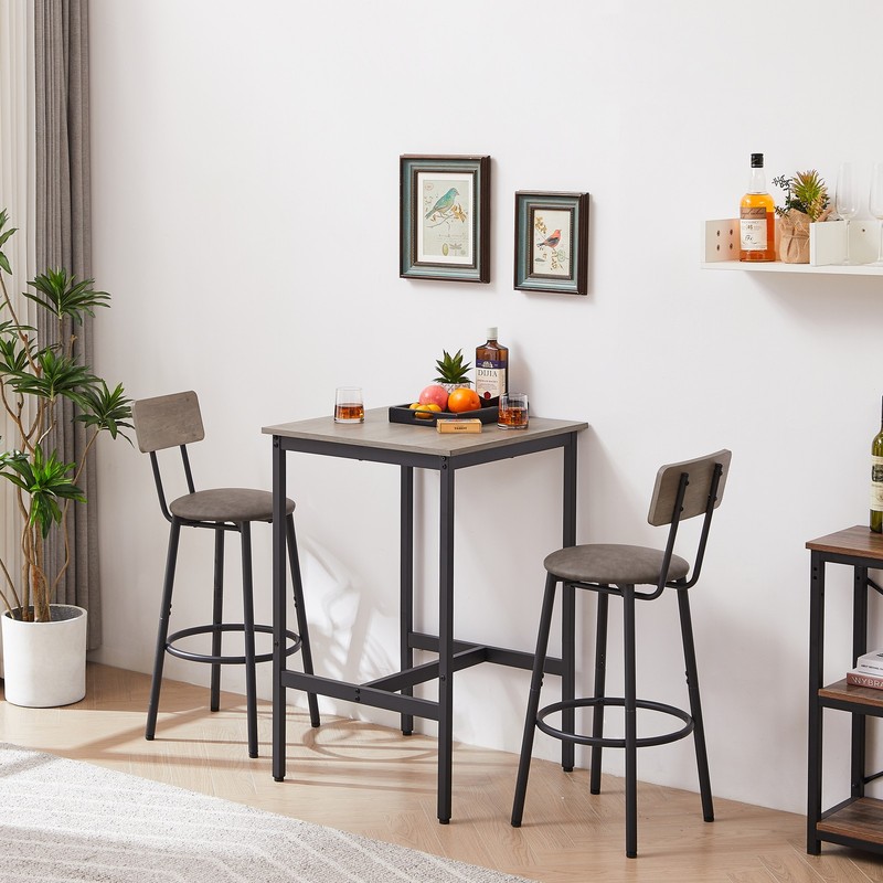 Bar Table Set with 2 Bar Stools PU Soft Seat with Backrest - Rustic Grey gallery