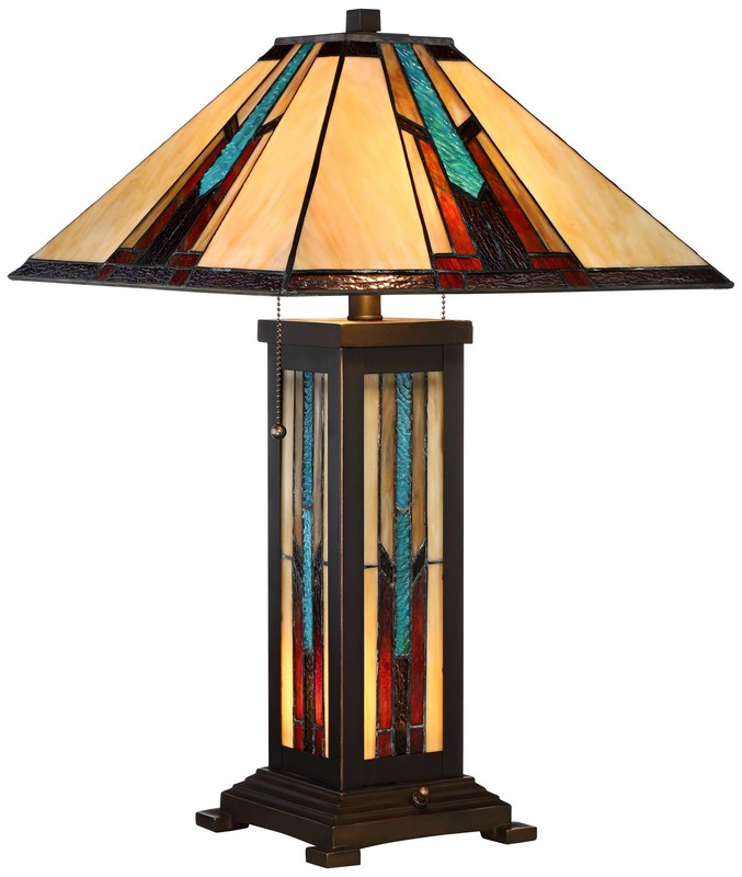 Tiffany Style Table Lamp with Nightlight Mission Bronze Art Glass Living Room gallery