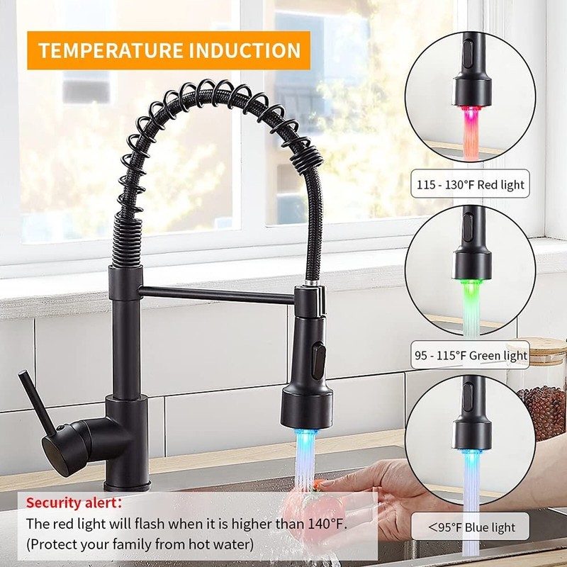 LED Light Kitchen Faucet with Pull Down Sprayer 1 Hole Swivel Sink Faucet Black gallery