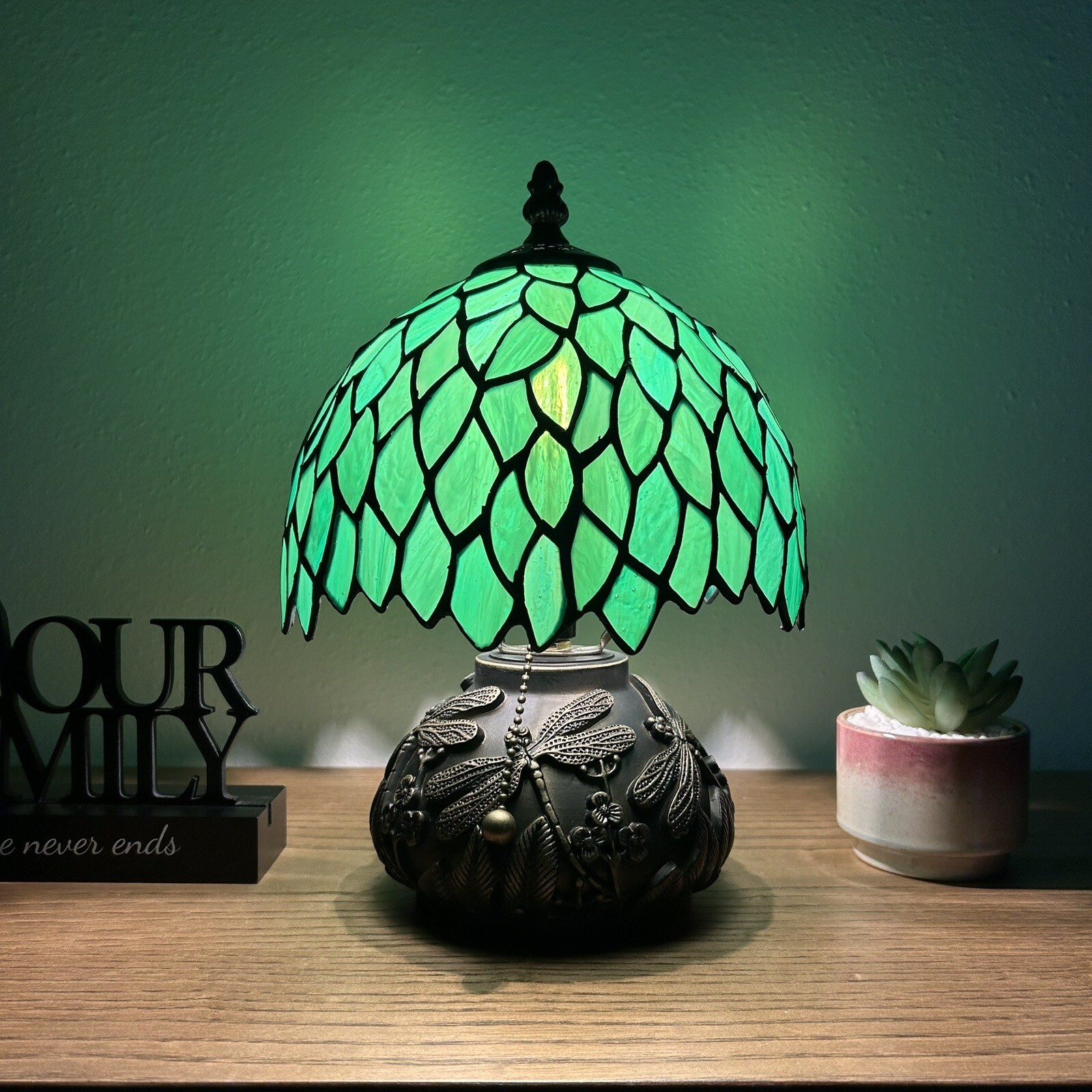 Tiffany Style Mini Table Lamp Green Stained Glass Leaves LED Bulb Include 12”H gallery