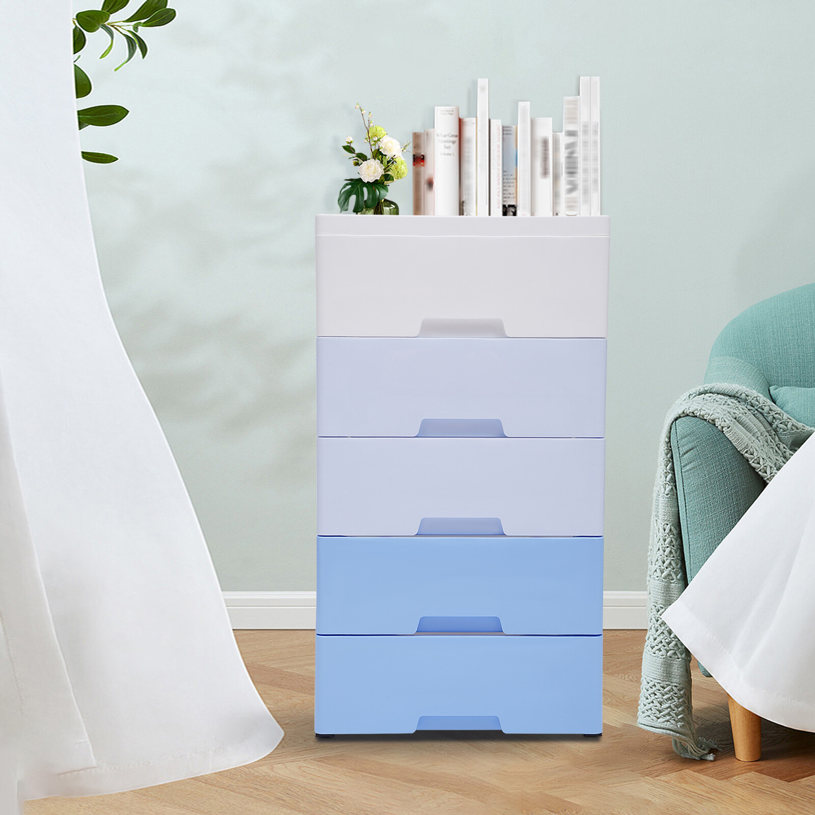 Gradient Blue Stackable Vertical Clothes Storage Tower with 5 Drawers gallery