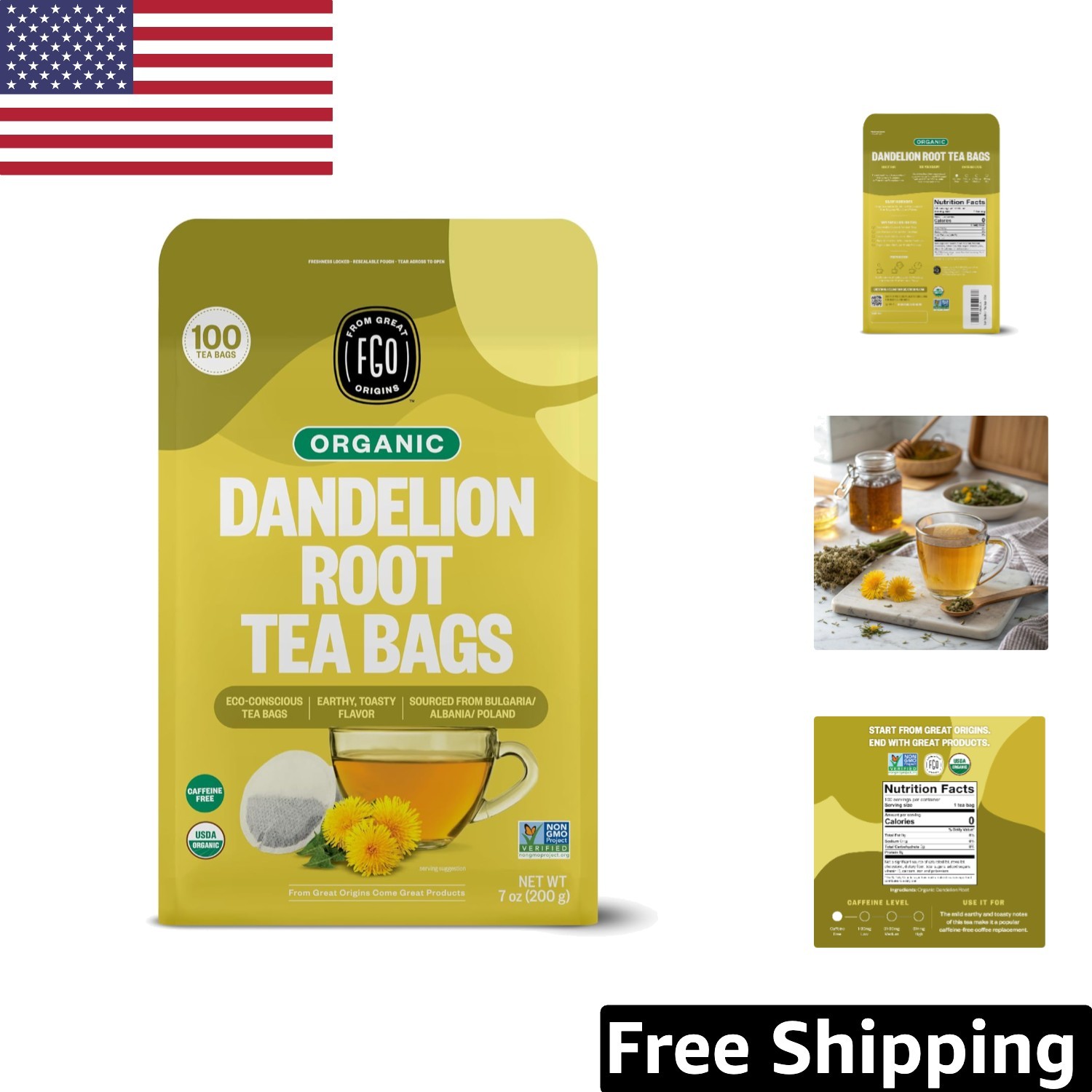 100 Count Organic Dandelion Root Tea Bags - Resealable Eco-Friendly Pack gallery