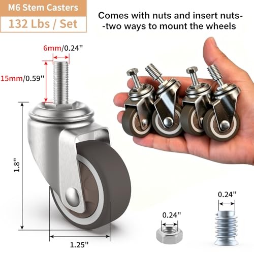 1.25" Small Threaded Stem Casters, M6 Swivel Furniture Wheels, TPR Silent, gallery