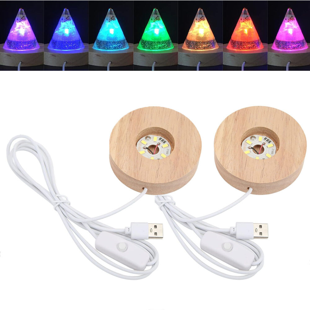2pcs Wood LED Chaning Color Light Display Base USB Night Light Stand Lamp Holder gallery