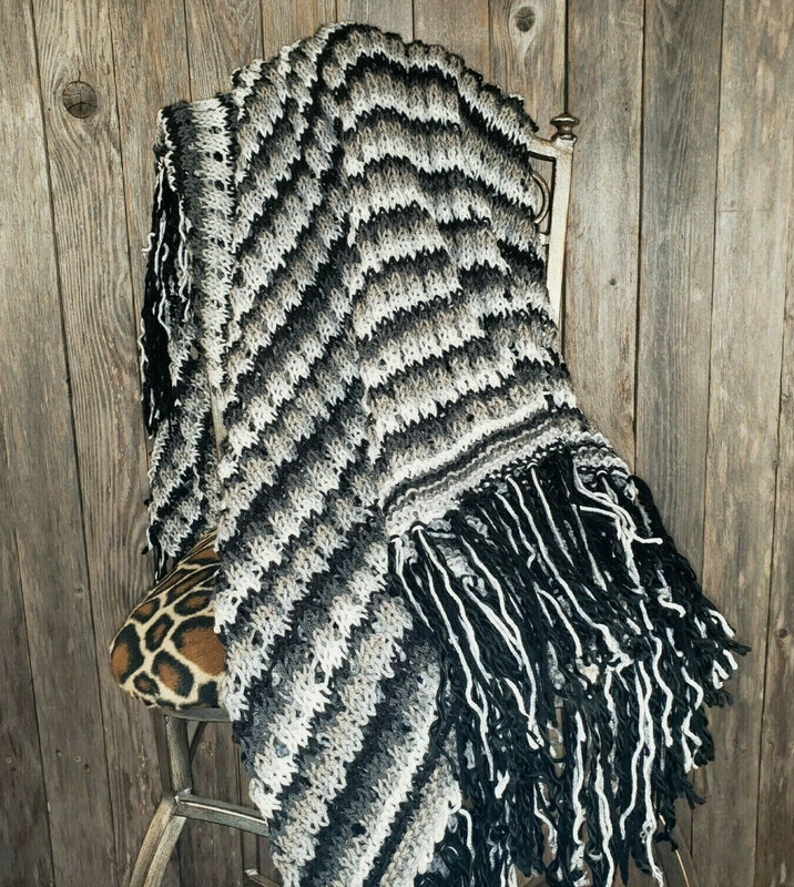 NEW Black White Gray Multi Handmade Knitted Afghan Throw Blanket Hand Knit Gift gallery