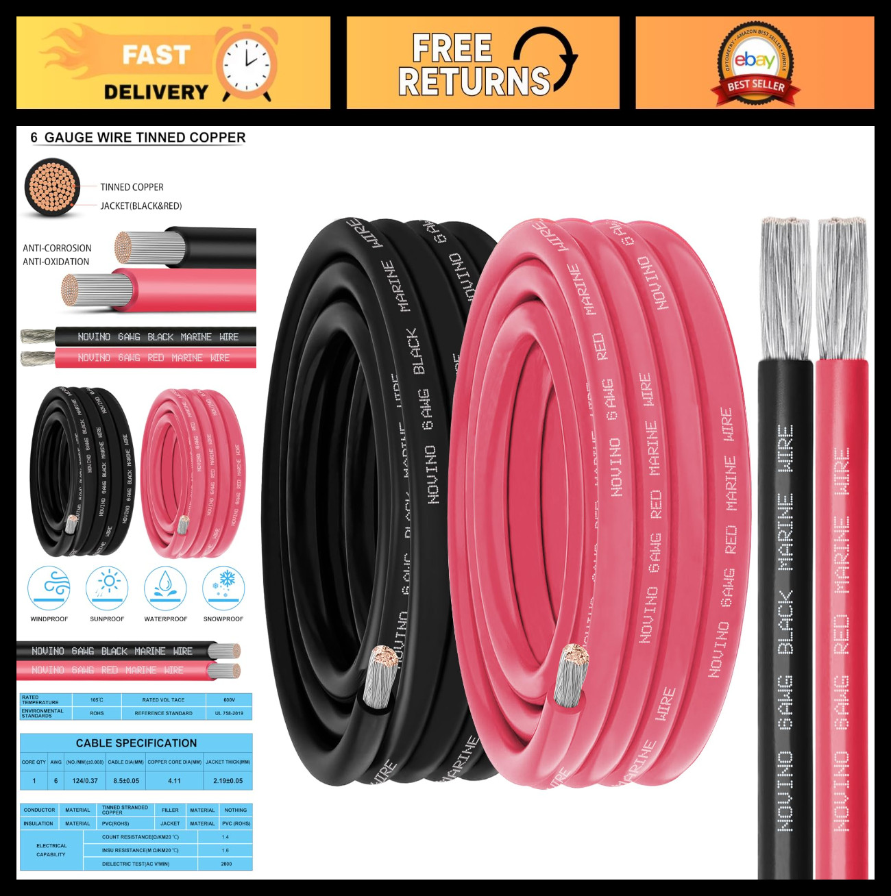 6 AWG Marine Grade Wire 40FT Total Red & Black Tinned Copper Cable for Boat Etc gallery