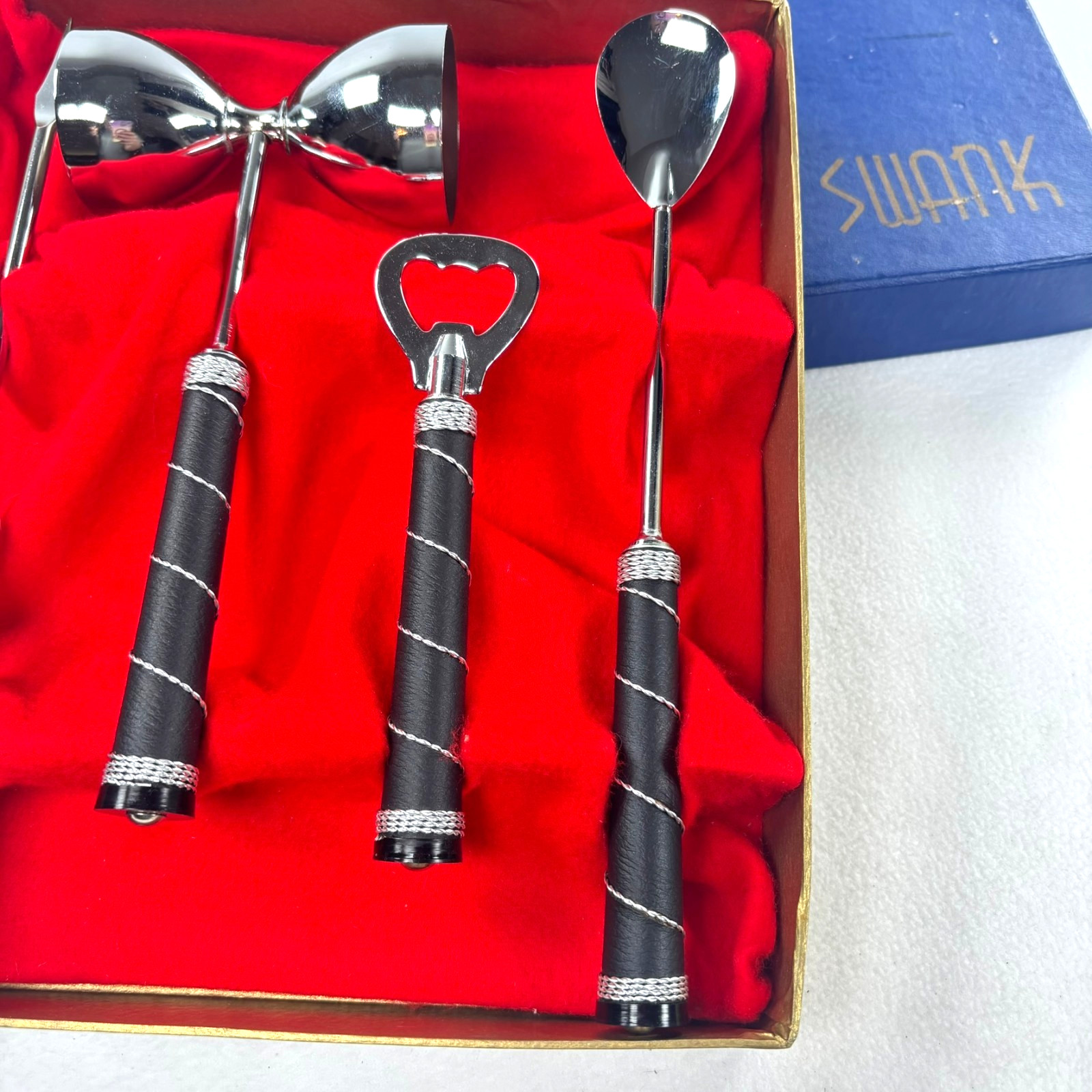 Swank Barware Set Unisex OS Silver Black Faux Leather Wrapped Mid Century Modern gallery