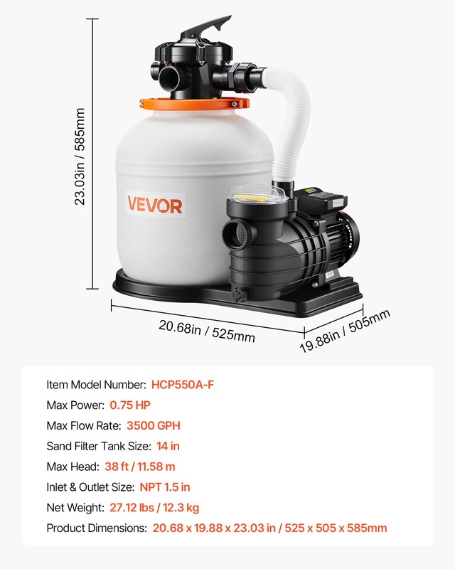 VEVOR FlashPure Sand Filter Pump for Above Ground Pool 14" 3500 GPH 0.75HP Timer gallery