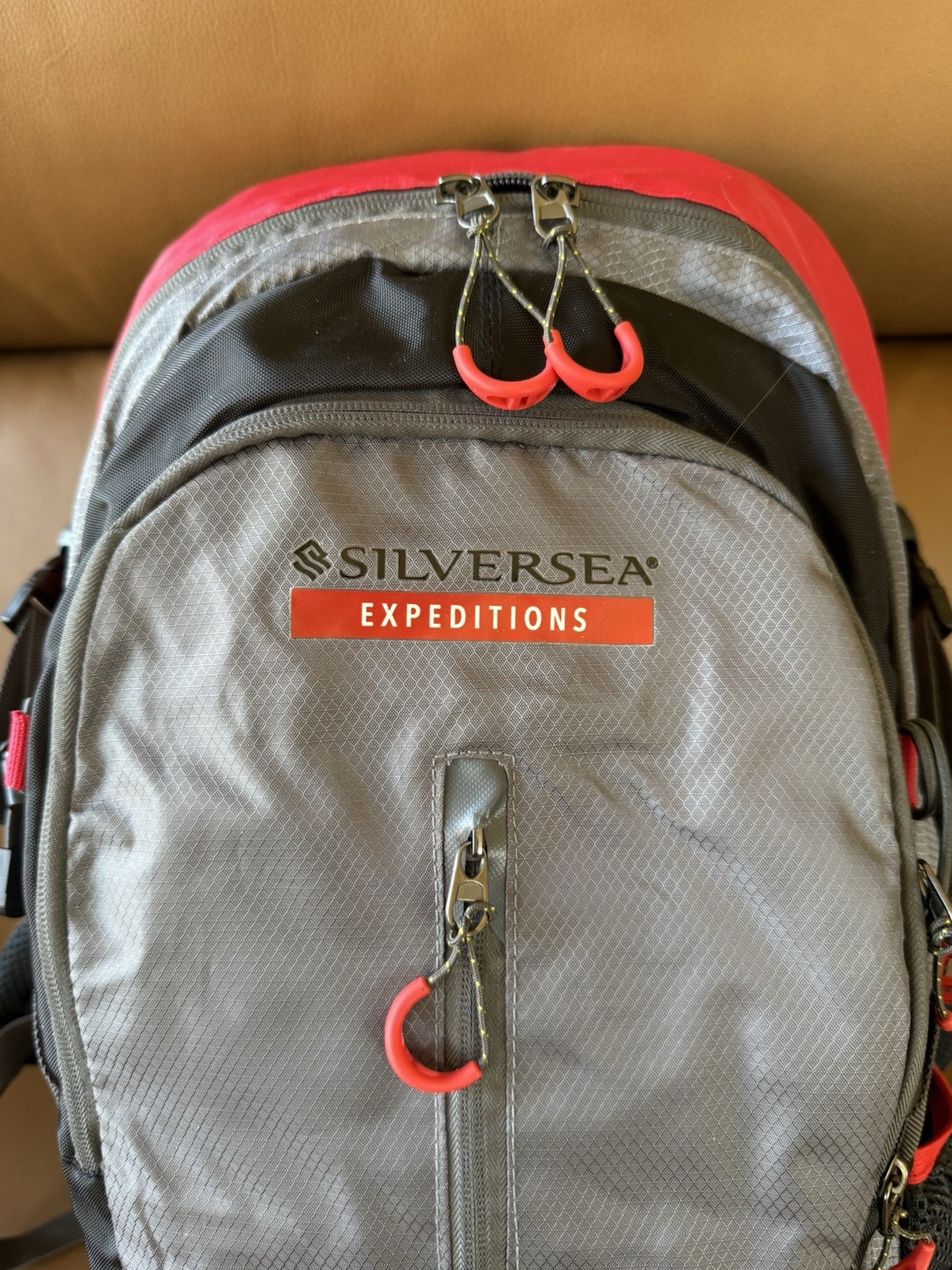 SilverSea Expeditions Backpack~Gray Red~Padded~Multiple Zip Pockets ~18”x13”x7” 2