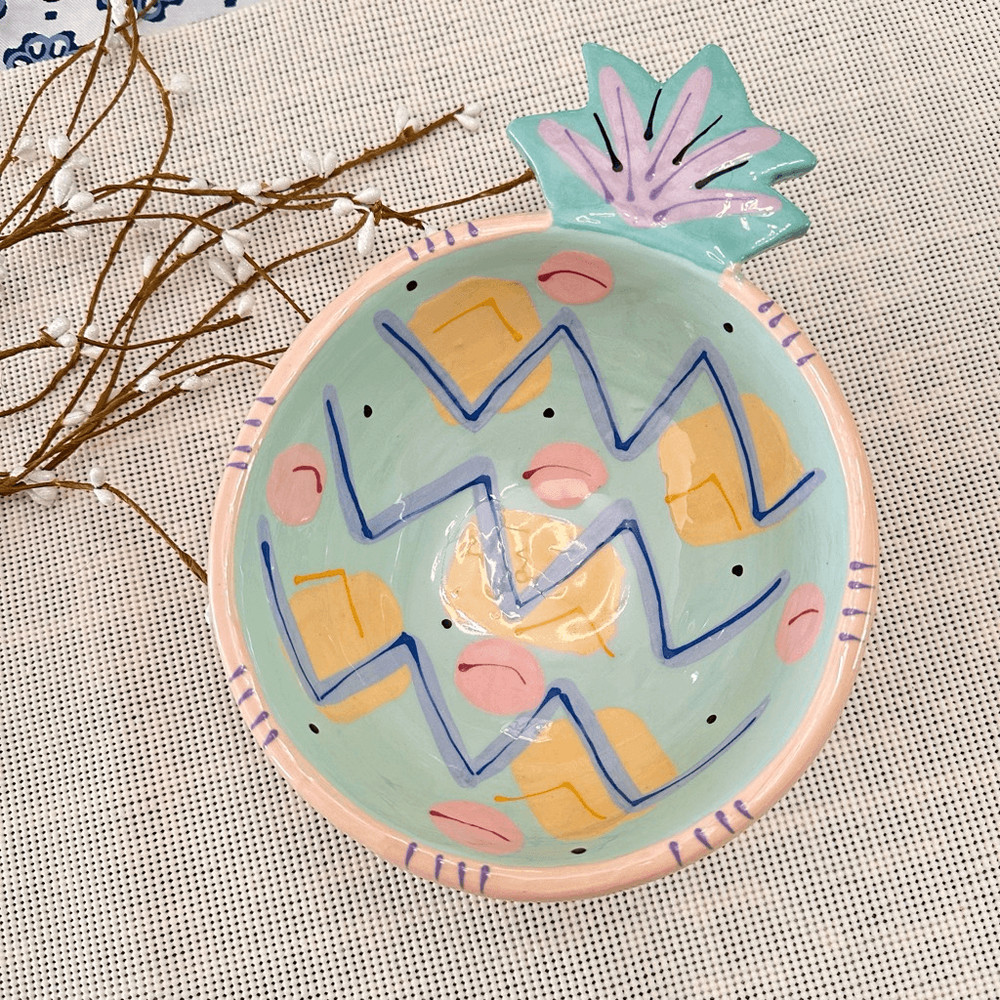 Susan Painter Pineapple Shaped Serving Dish Bowl Handpainted Eclectic Rare
