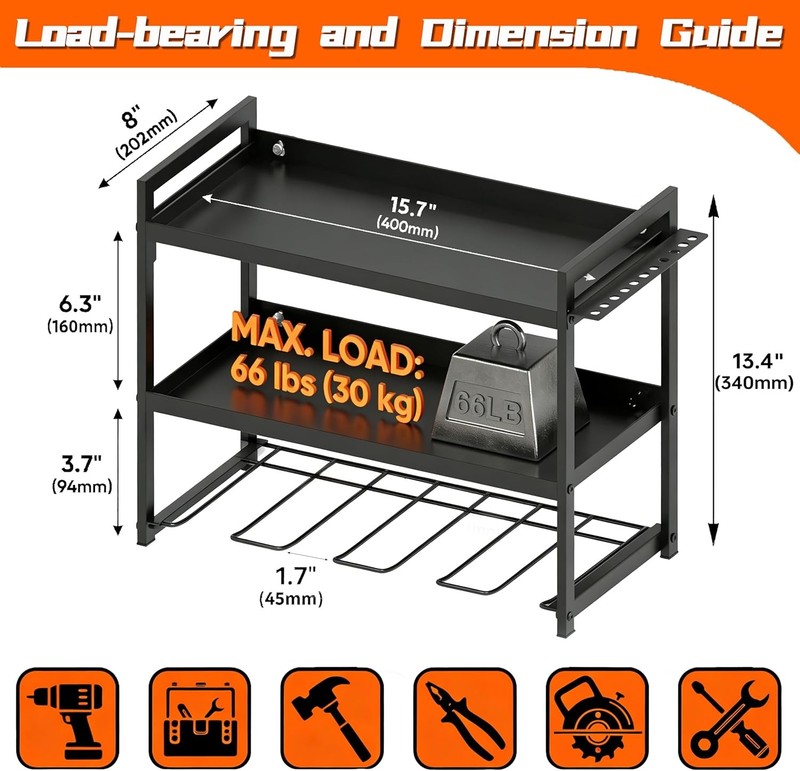 Wall Mounted Tool Organizer Drill Rack 3 Tier Storage Shelf 66lb Capacity gallery