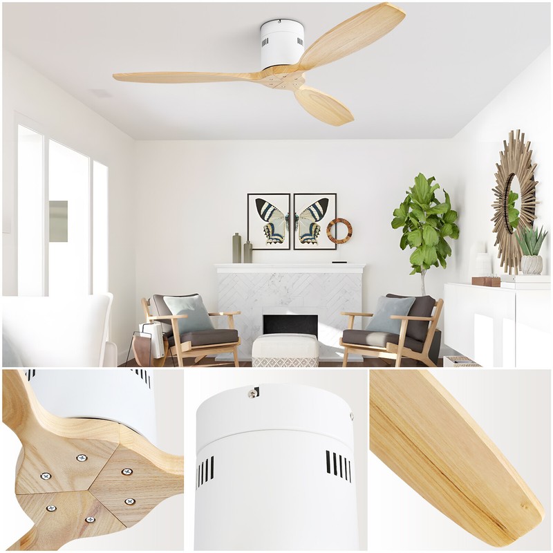 Sofucor White 52-inch Ceiling Fan No Lights & 3 Solid Wood Blades/Remote Control gallery