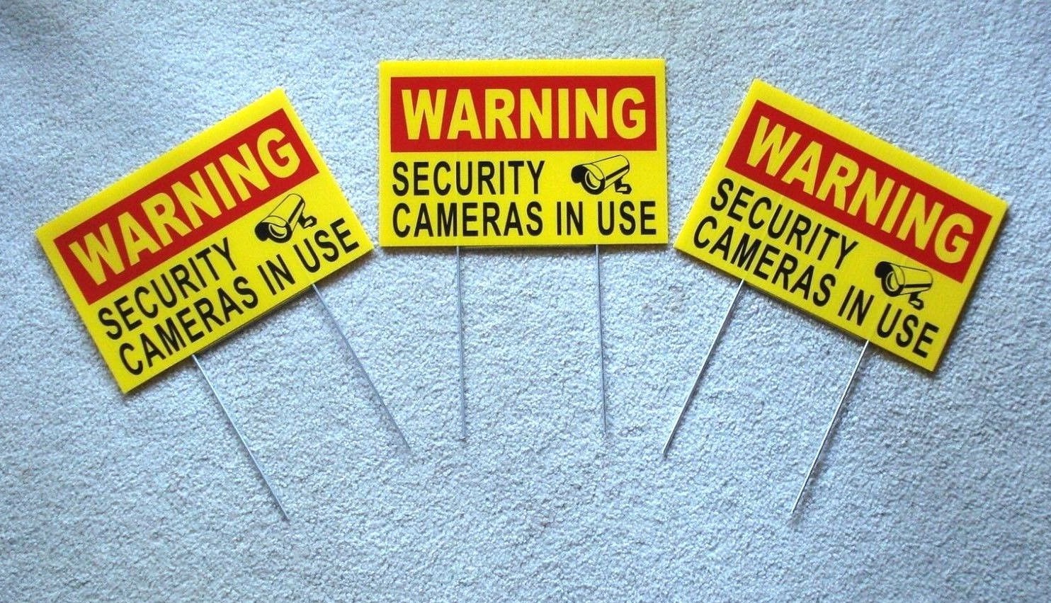 3 WARNING SECURITY CAMERAS IN USE Coroplast YARD SIGNS 8x12 w/ Stakes Security Y gallery