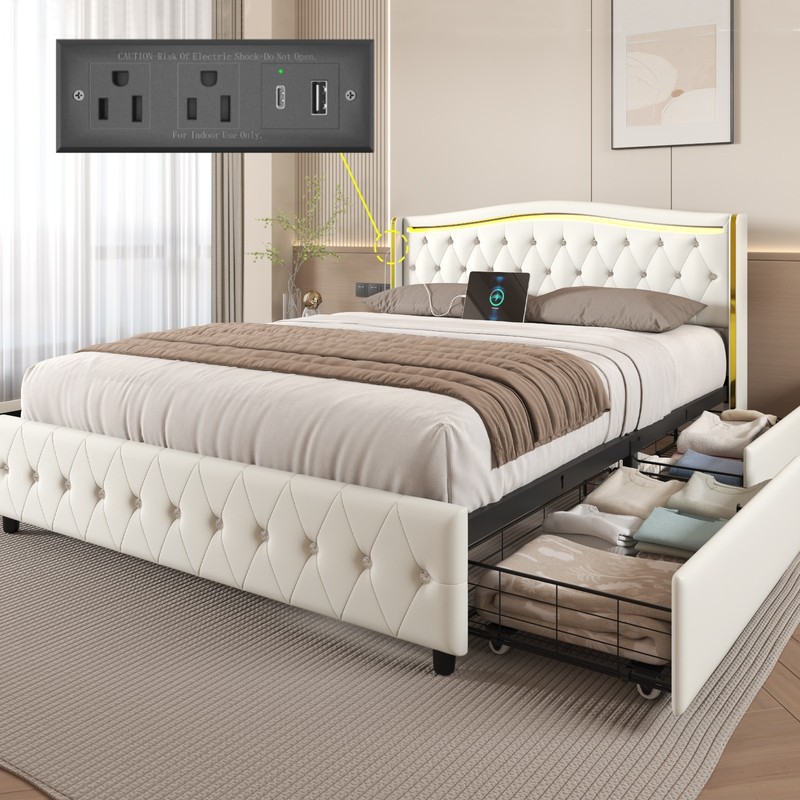 Bed Frame with upholstered headboard，4 Storage Drawers and Led,Charging station. gallery