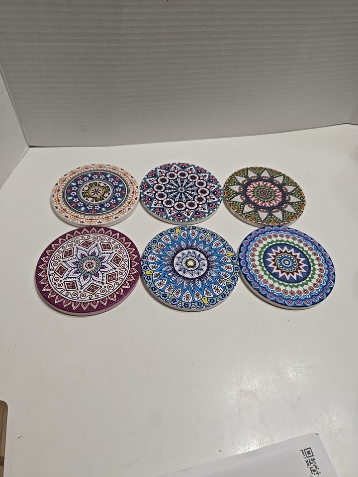 Set Of (6) MANDALA PATTERN Decorated With Bohemian Design Ceramic Coasters gallery