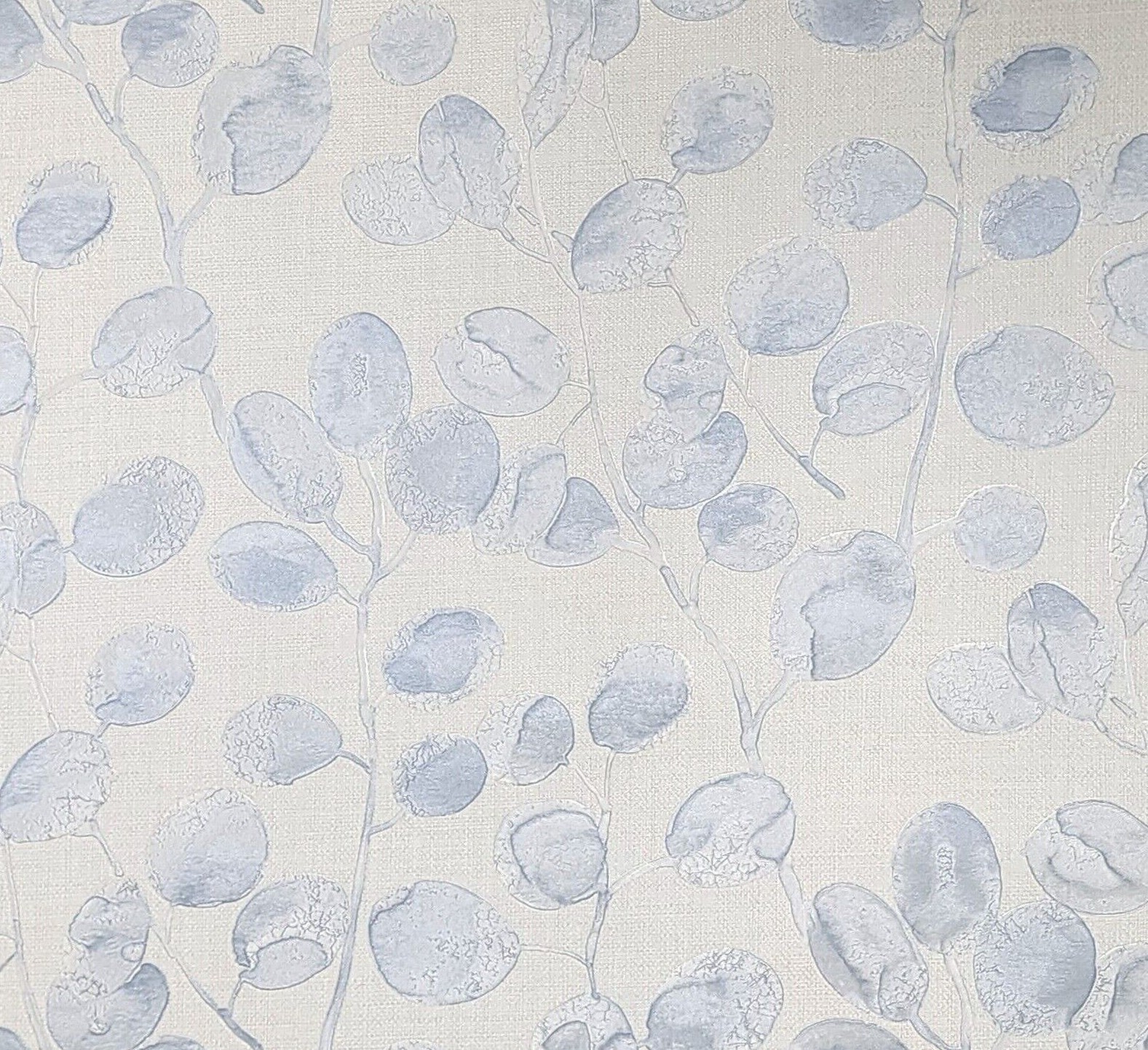 Off White silver- blue eucalyptus trail leaves faux fabric textured Wallpaper 3D gallery