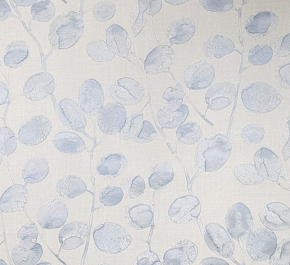 Off White silver- blue eucalyptus trail leaves faux fabric textured Wallpaper 3D