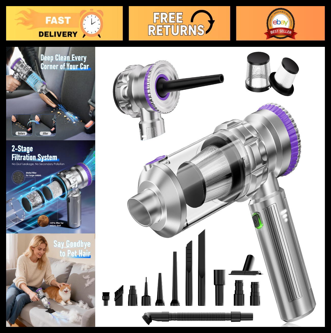 Cordless Handheld Car Vacuum - 20000Pa Suction, Rechargeable Mini Cleaner, 3-Spe gallery