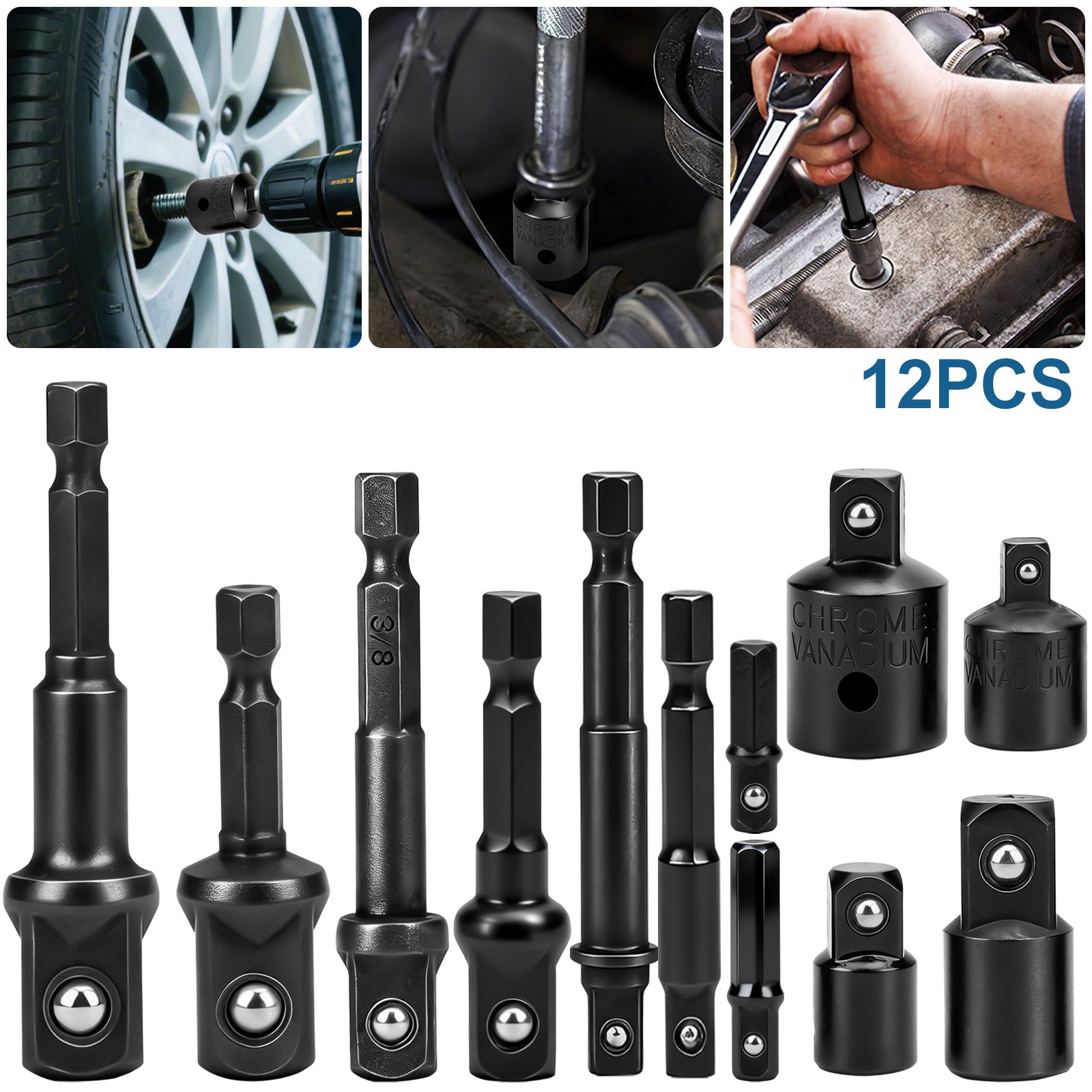 12x Impact Socket Adapter & Reducer Set 1/4 3/8 1/2" Hex Shank for Drill Driver gallery
