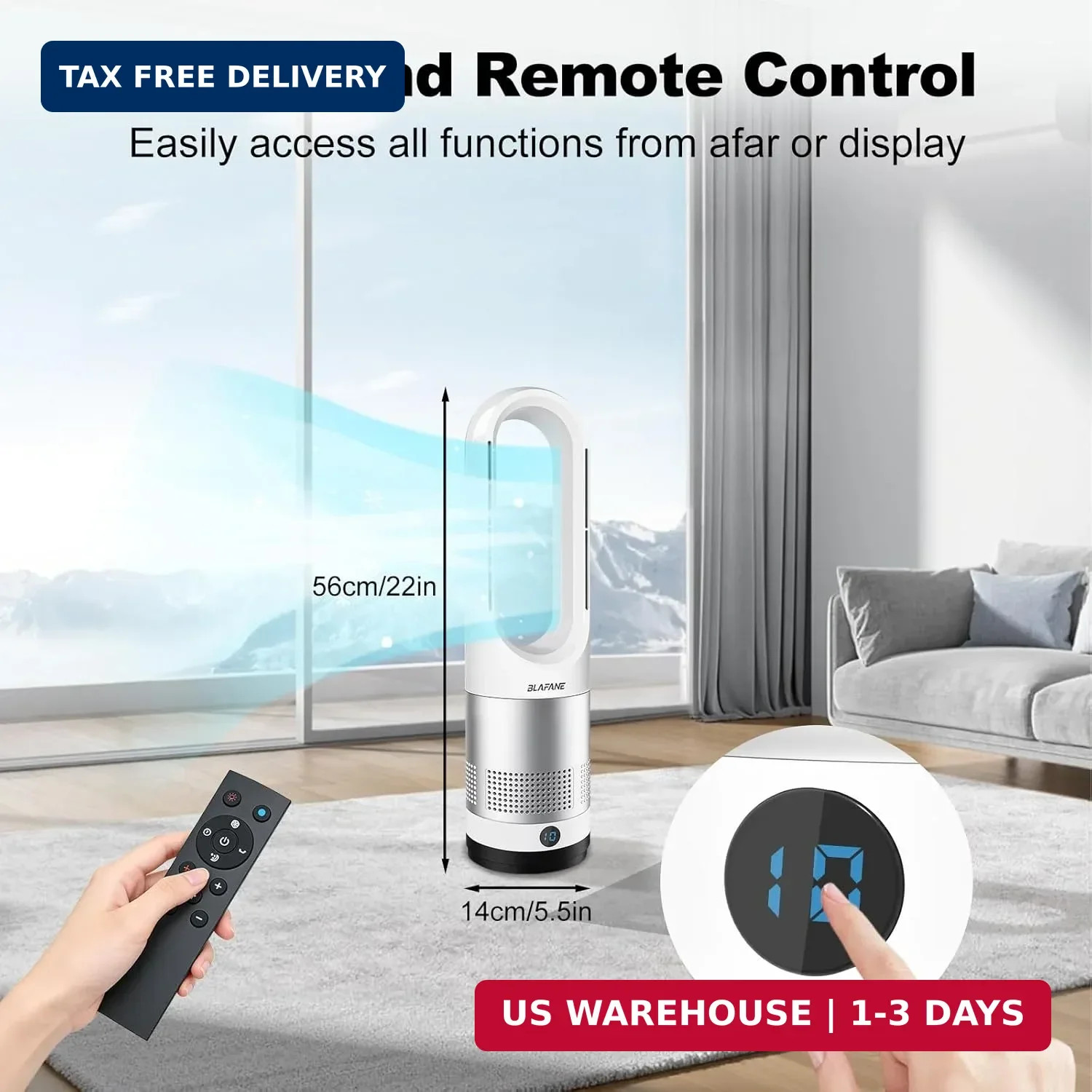 22" Bladeless Tower Fan, 80° Oscillation, 9-Hour Timer, 10 Speeds, Remote Touch gallery