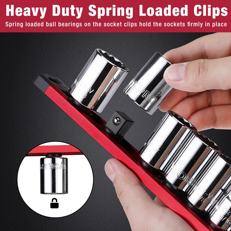 WORKPRO 1/2-InchDrive Magnetic Socket Organizer Aluminum Alloy Socket Rail (Red) gallery