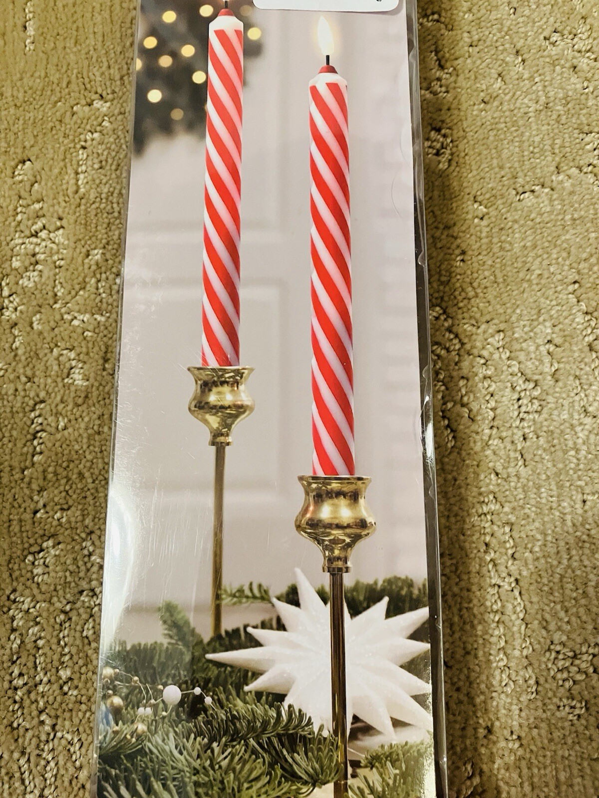 Martha Stewart Flameless LED Peppermint Taper Candles 10" Set of 2 AA Batteries gallery