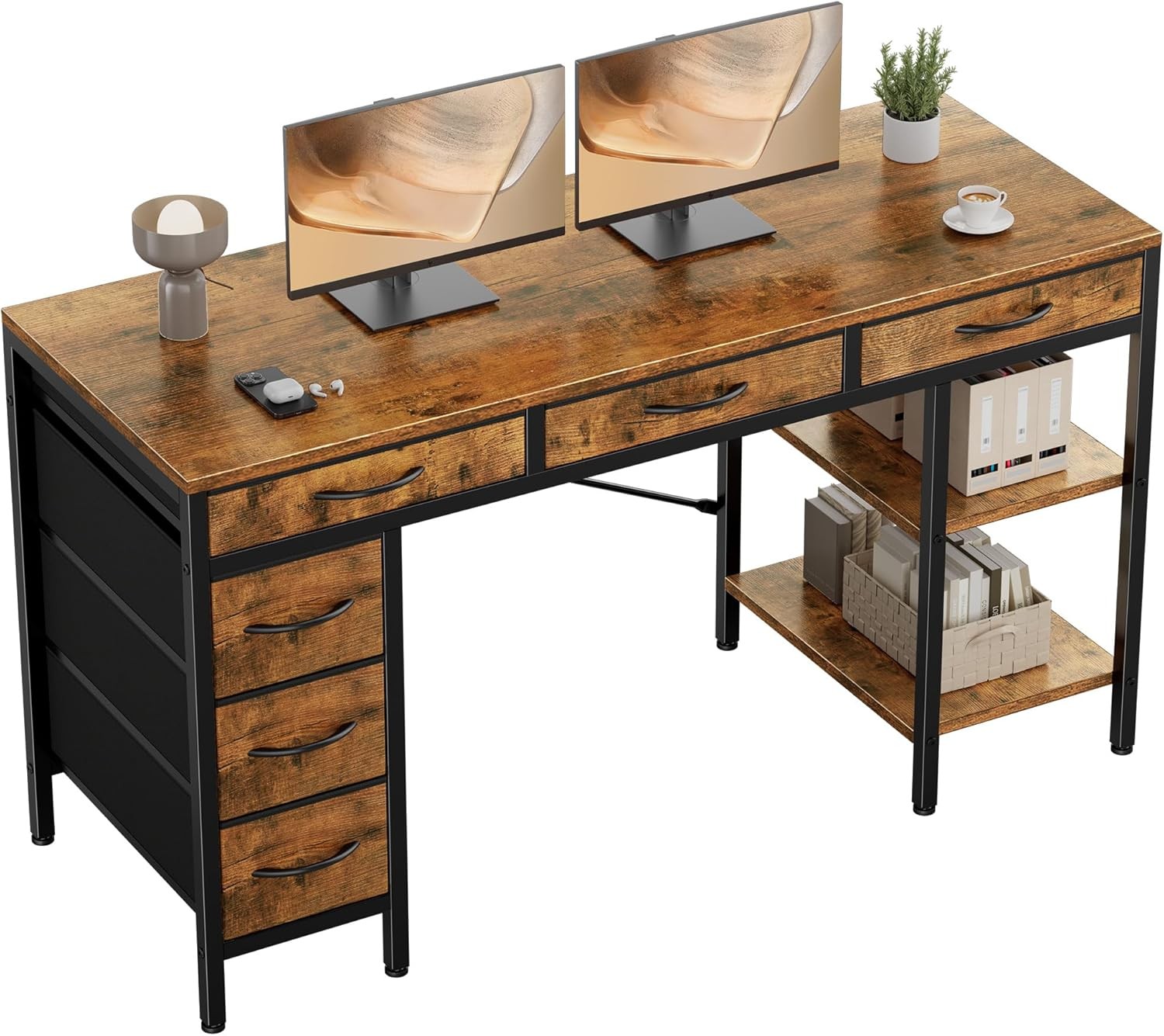 47-55" Computer Desk with 6 Drawers Home Office Gaming Desk with Storage Shelves gallery