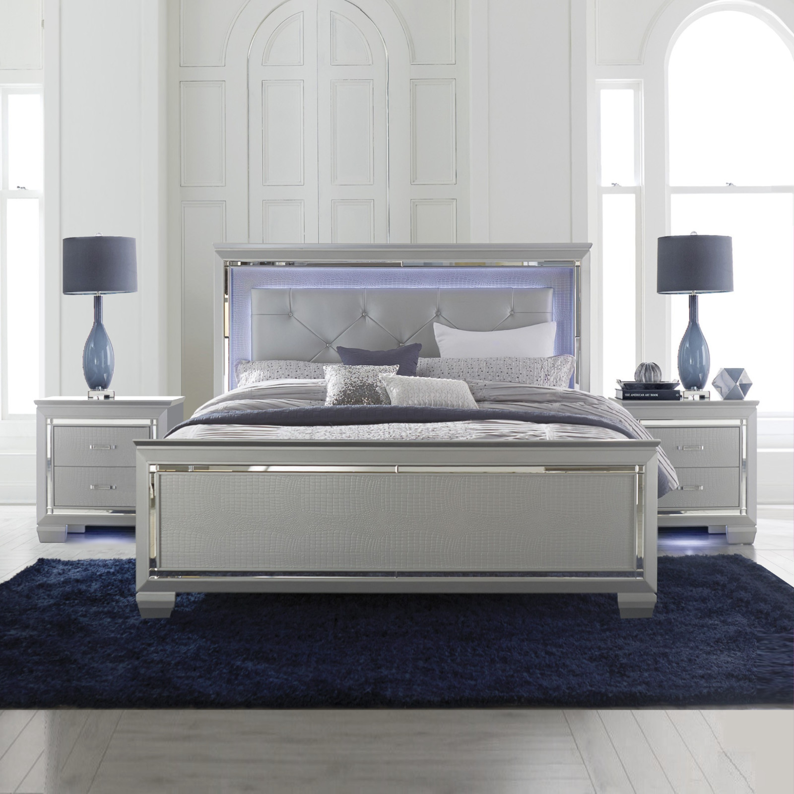 NEW Silver Gray LED Light 3PC Bed & 2 Nightstand Queen King Modern Bedroom Set gallery