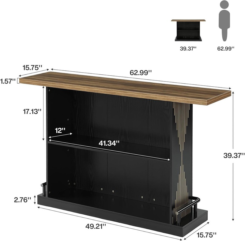 63 Inch Rectangular Bar Table Modern Counter Height Pub Table with Storage Shelf gallery