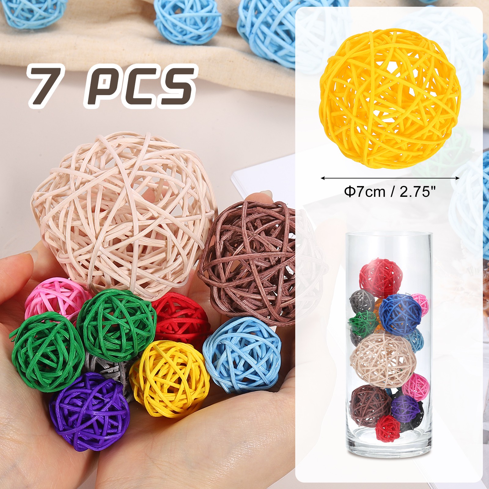 7Pcs Wicker Rattan Balls, 2.75 in Dia Rattan Decorative Balls, Yellow gallery