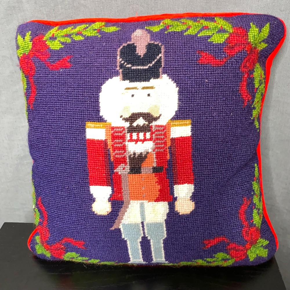 Nutcracker Needlepoint Christmas Throw Pillow COVER Blue12x12 NO CLOSURE upcycle