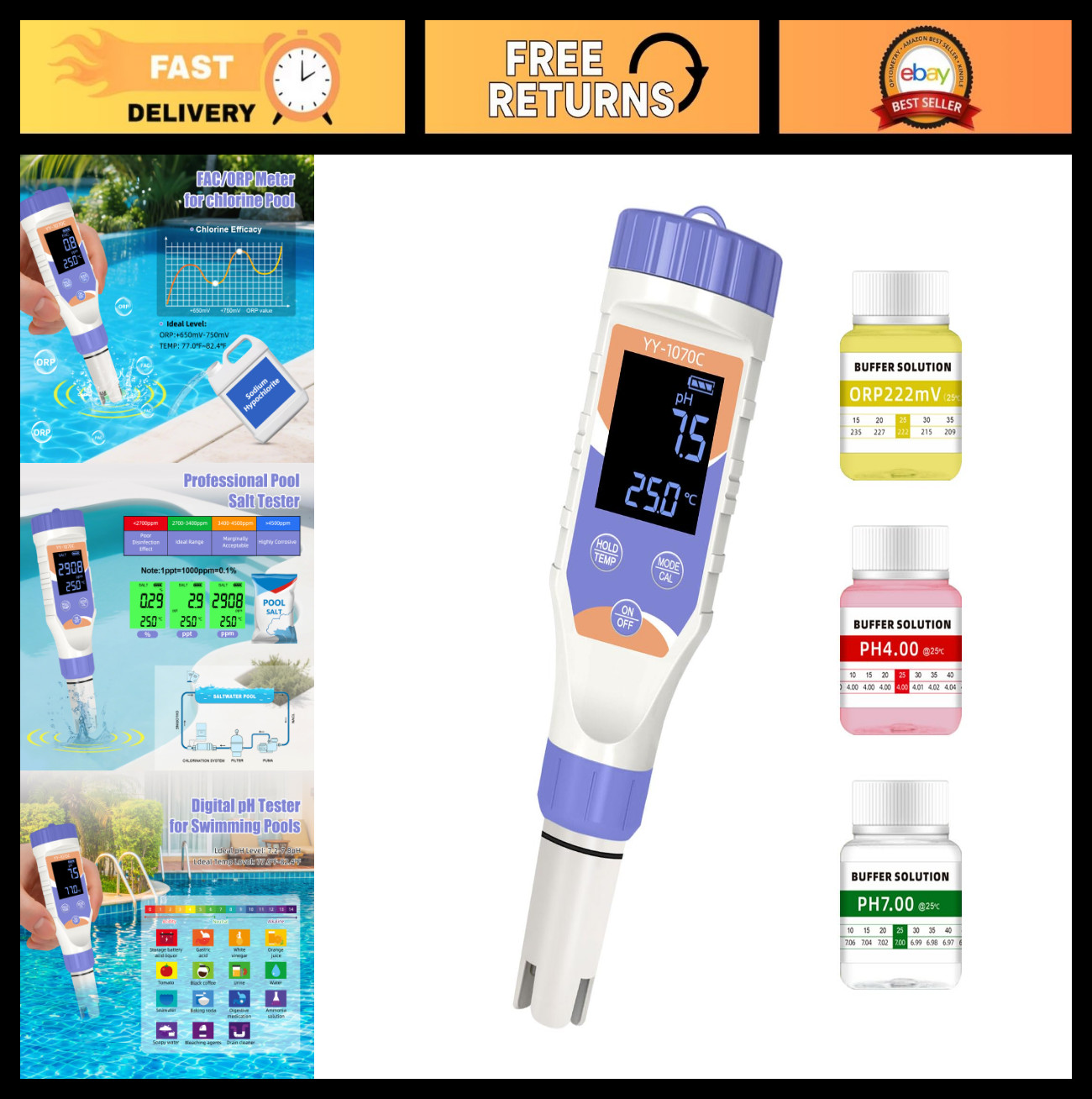 7-in-1 Digital Pool Salt Tester - pH, ORP, Chlorine, TDS, EC & Temp Meter for Po gallery
