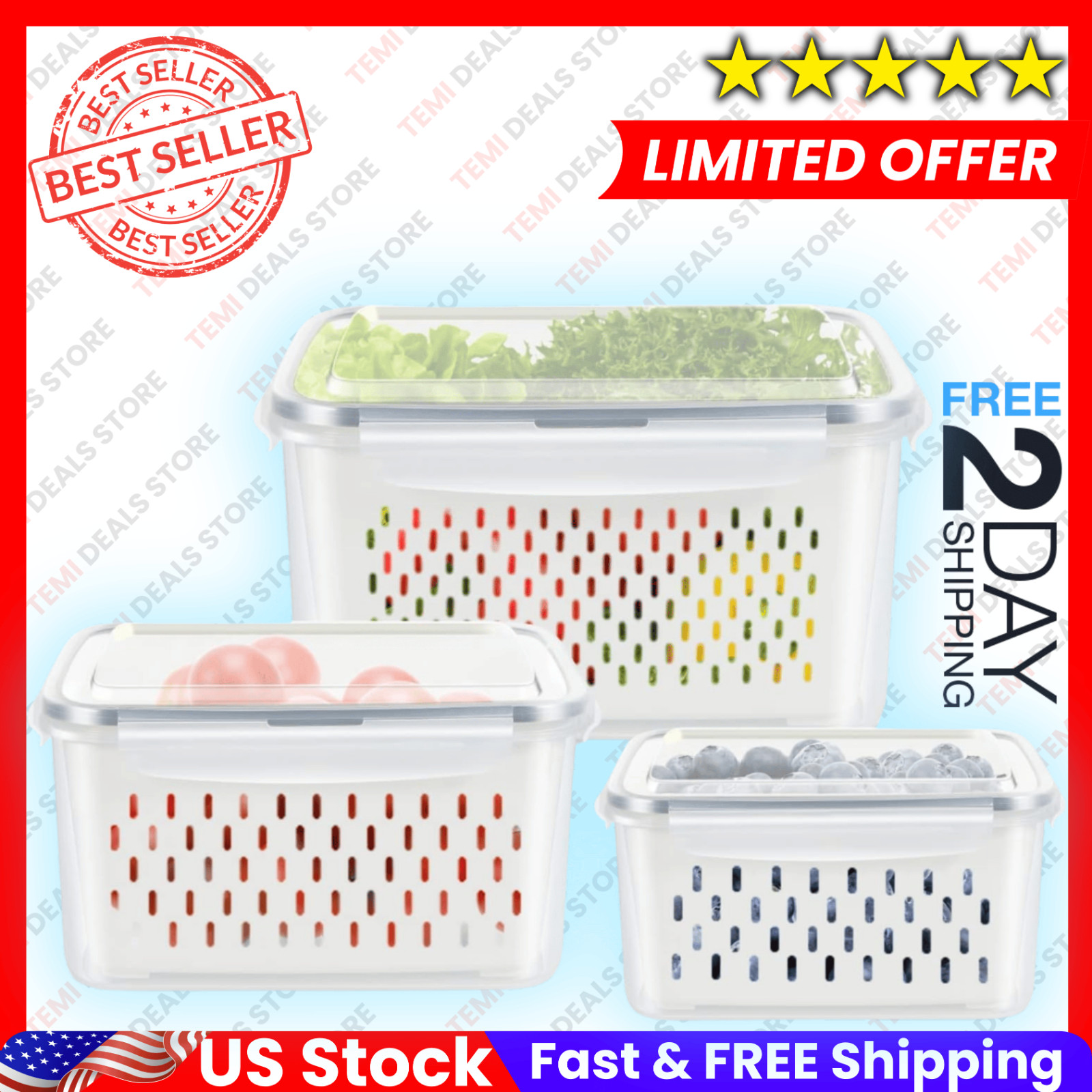 3 Pack Fruit Storage Containers for Fridge, Produce Saver Vegetable Container wi gallery