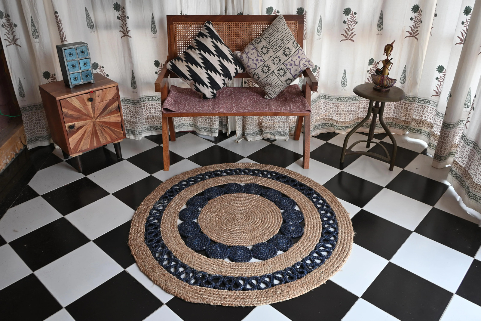 Rugmoda Jute Rug Blue & Natural Braided Round 4x4 ft Living Room Bedroom Area Ru gallery