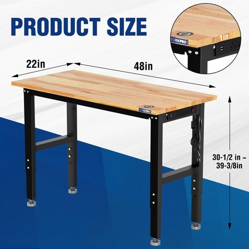 WORKPRO 48"x22" Adjustable Garage Workbench Rubber Wood Top Heavy-Duty Work Desk gallery