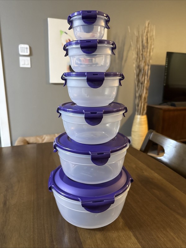 Lock & Lock 6pc Round Plastic Storage Container Set Clear Purple Snap Lid gallery