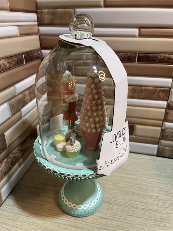 Nutcracker Cloche Dome Stand Decor Gingerbread Peppermint Tree Macaroons 12.5" gallery