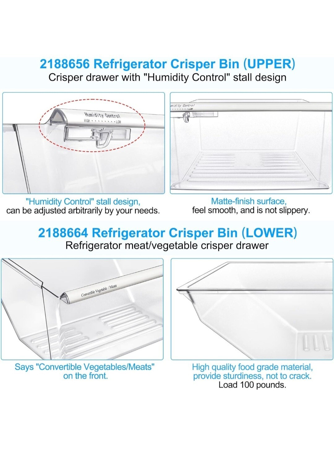 2pcs Upgraded 2188656 (Upper)&2188664 (Lower) Fridge Crisper Bin Compatible with gallery