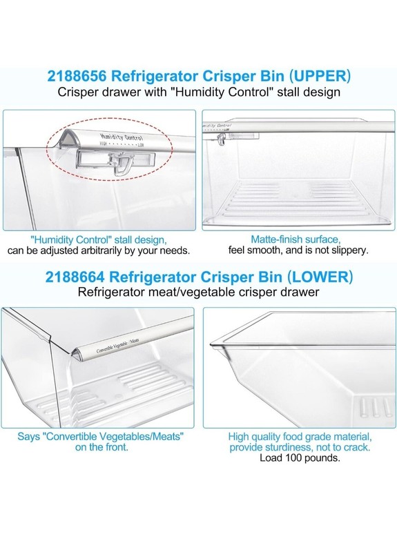2pcs Upgraded 2188656 (Upper)&2188664 (Lower) Fridge Crisper Bin Compatible with gallery