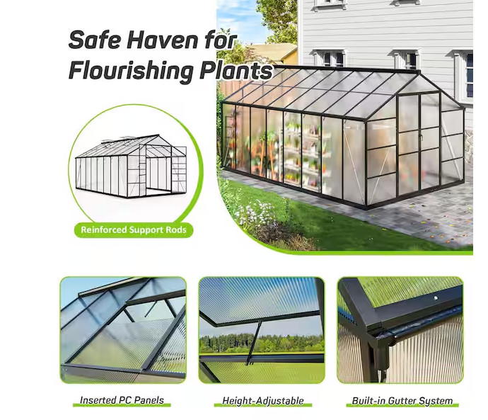 10x18 FT Polycarbonate Greenhouse, Quick Setup, Roof Vent, Walk-in Aluminum gallery