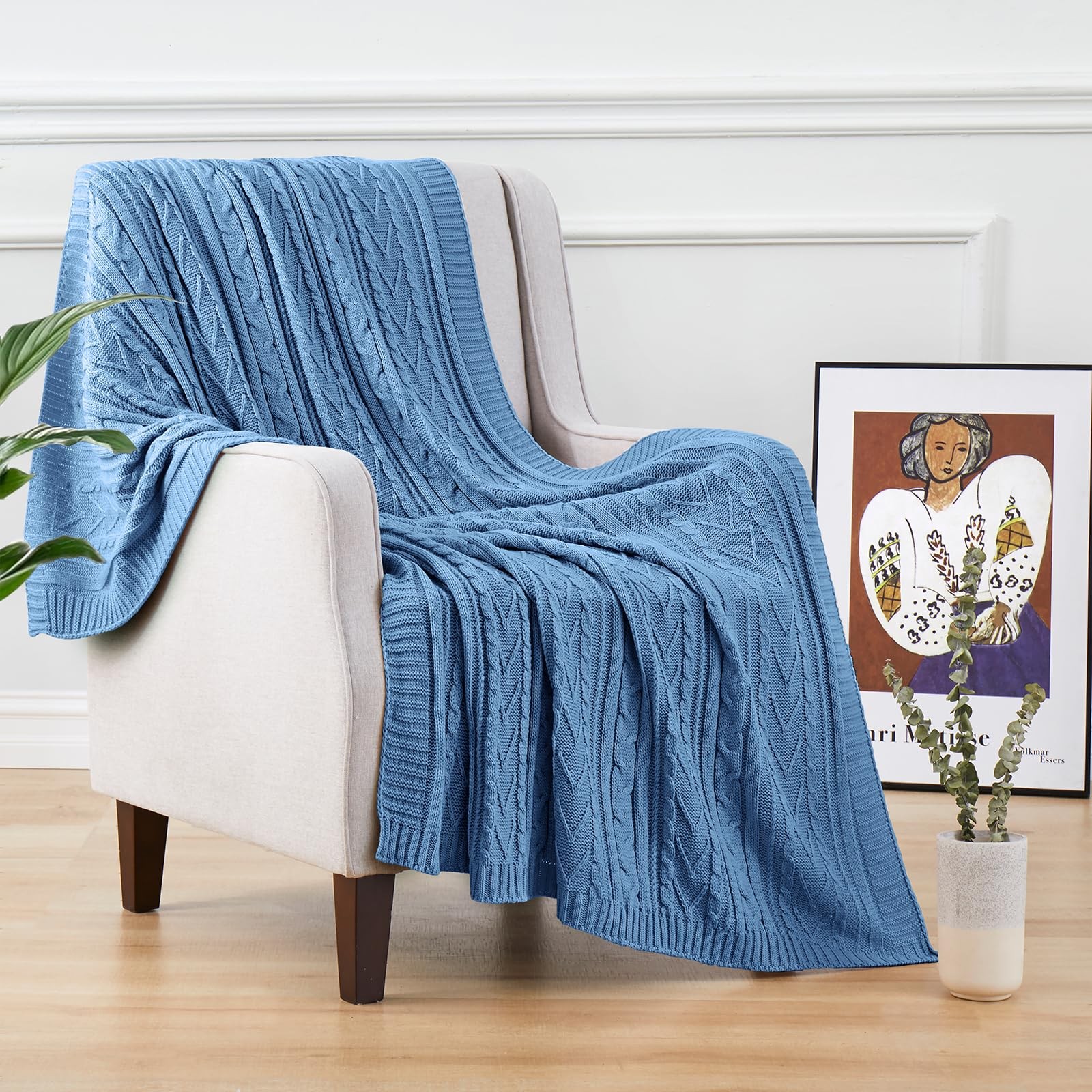 Dusty Blue Cable Knit Throw Blankets for Couch Bed Sofa Acrylic Knitted Blank... gallery