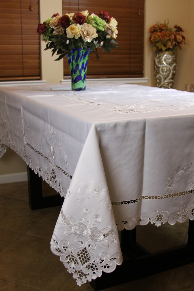 Rectangle 54x72" White Polyester Embroidered Tablecloth Napkins Wedding Bridal