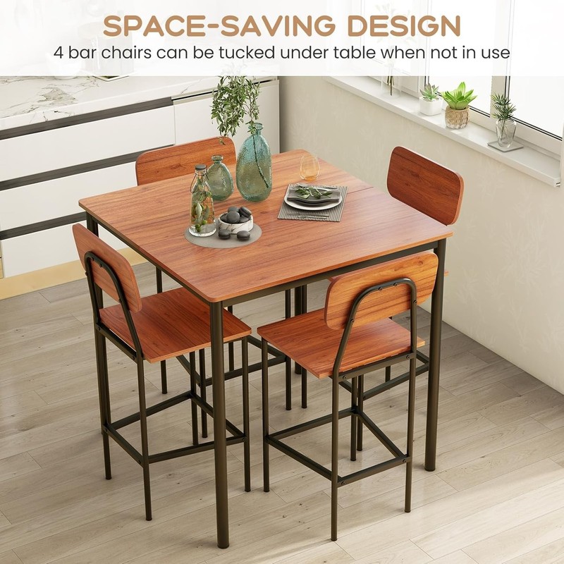 Industrial 5-Piece Dining Table Set, Walnut Finish gallery