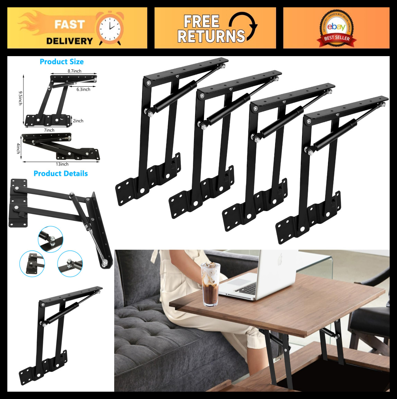 4PCS Heavy Duty Lift Top Hinges with Hydraulic Gas Spring for DIY Coffee Table, gallery